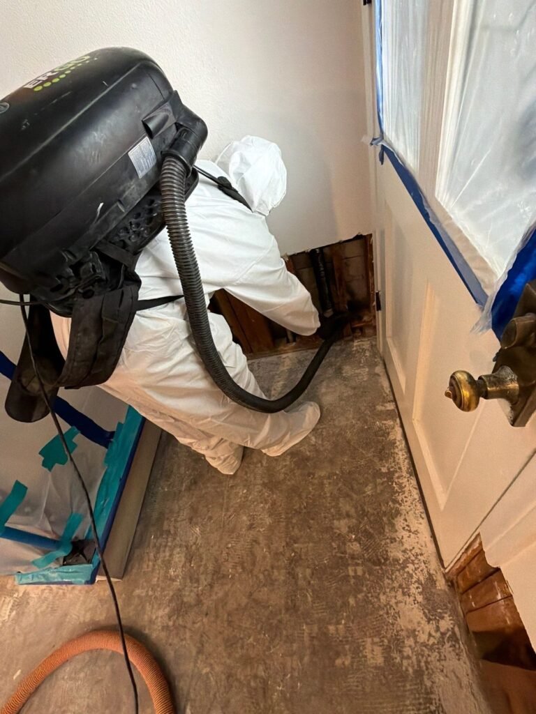 A technician vacuuming along the base of an opened wall in the East Bay