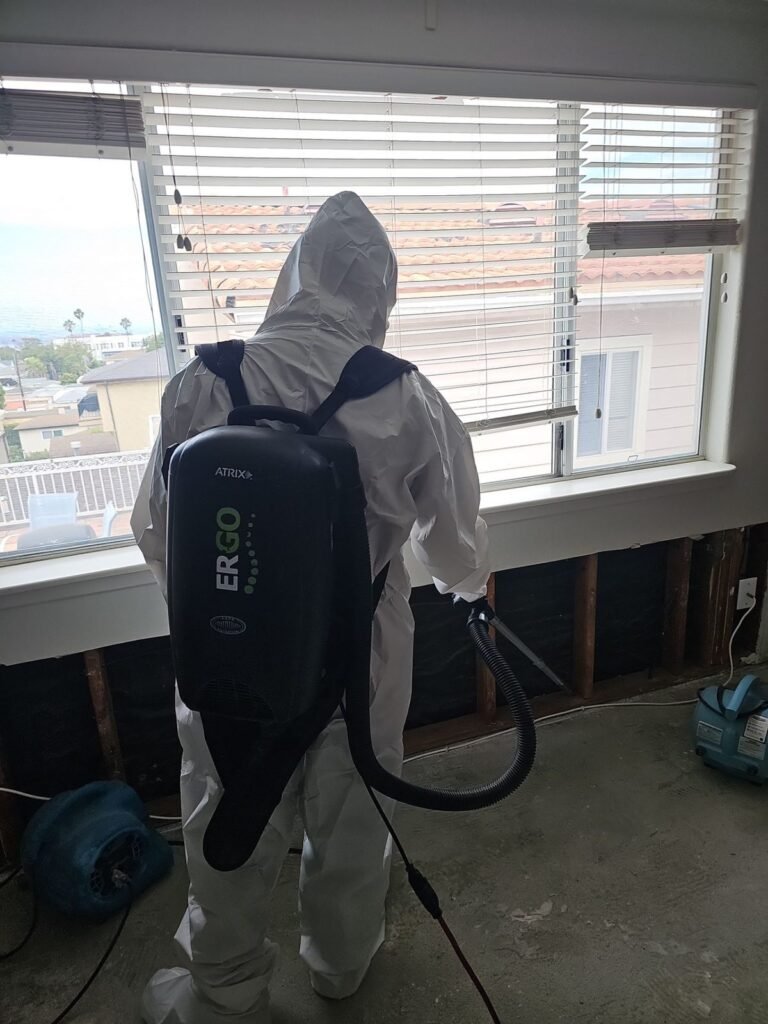 A technician with a backpack vacuum working along an opened wall beside a window in the East Bay
