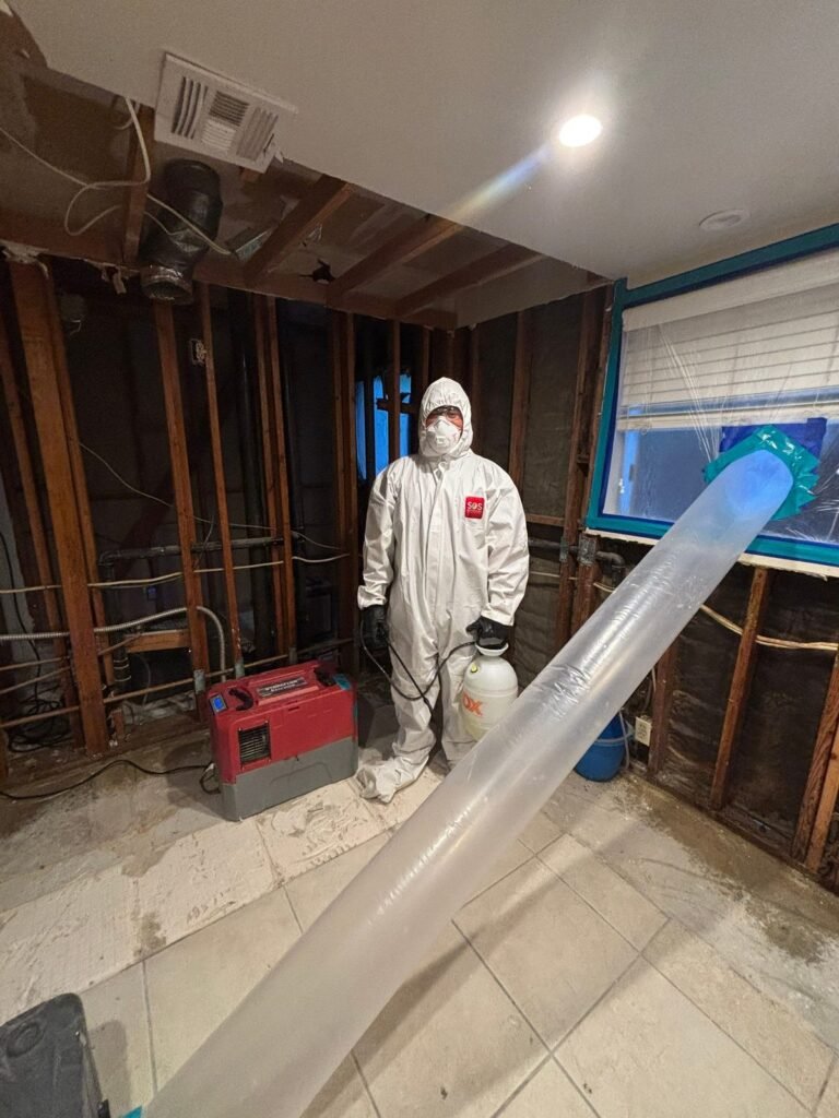 A technician standing in a kitchen stripped to the studs with drying duct in hand in the East Bay